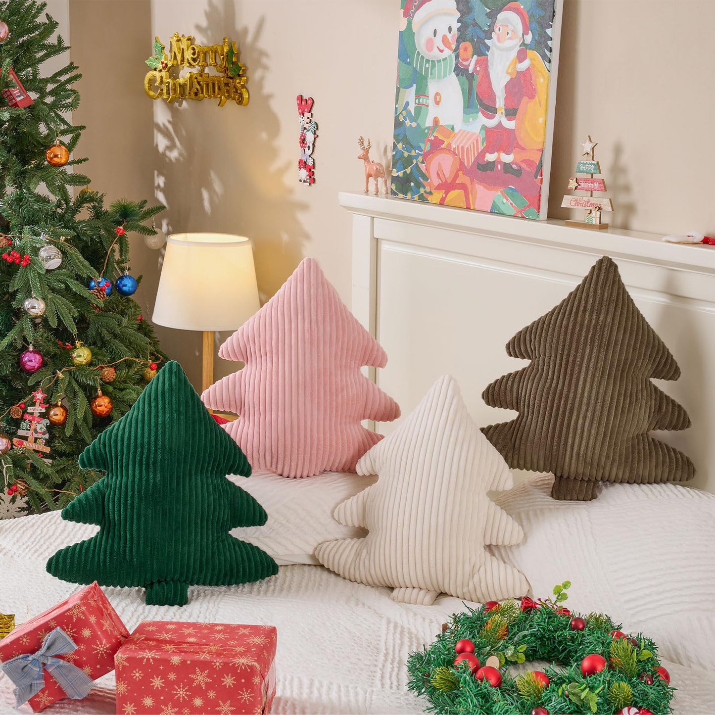 Lanpn Christmas Tree Pillows Set of 2, Christmas Decoration Narrow Stripes Winter Throw Pillow Soft Cute 3D Shaped Xmas Tree Throw Cushion for Sofa Bedroom Xmas Decor (18x16 inch, Pink)