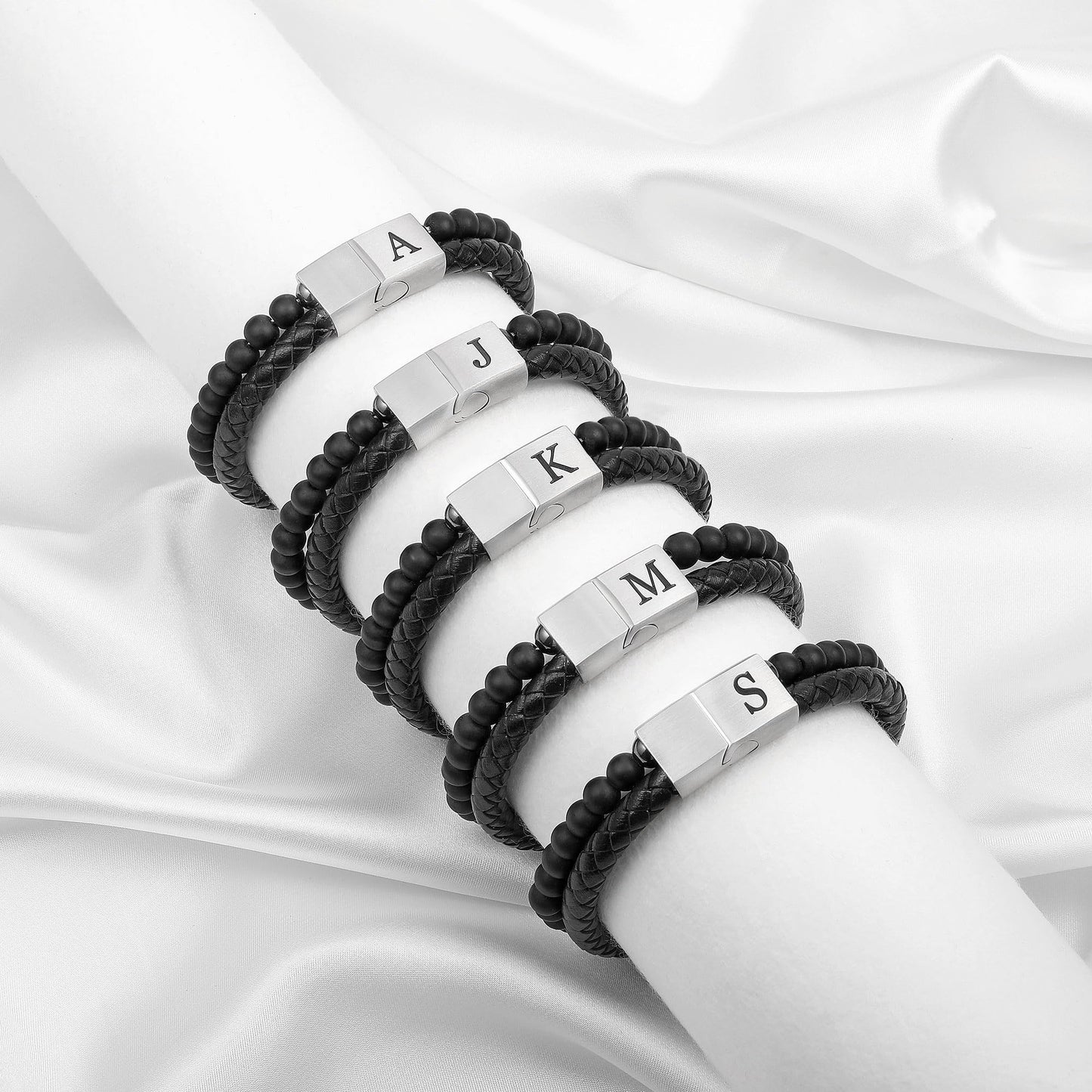 LUXEJEW Mens Bracelet - Black Leather Beaded Bracelets for Men with Magnetic Clasp Letter H Initial Bracelet 6mm Matte Agate Beads Stone Mens Jewelry Birthday Gifts for Men Husband Boyfriend