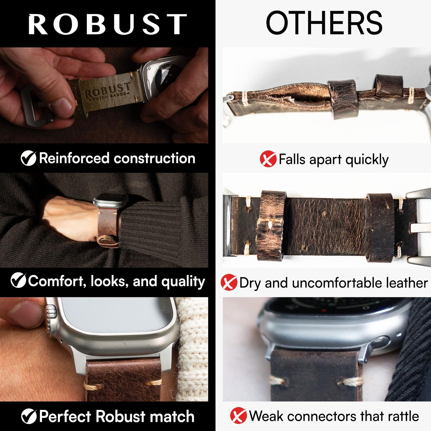 ROBUST Genuine Leather Watch Band for Men - Compatible with Apple Watch Bands 49mm - Replacement Strap for iWatch Ultra 2/1 SE, SE 2 Series 10 9 8 7 6 5 4 - Brown Leather With Natural Titanium Buckle