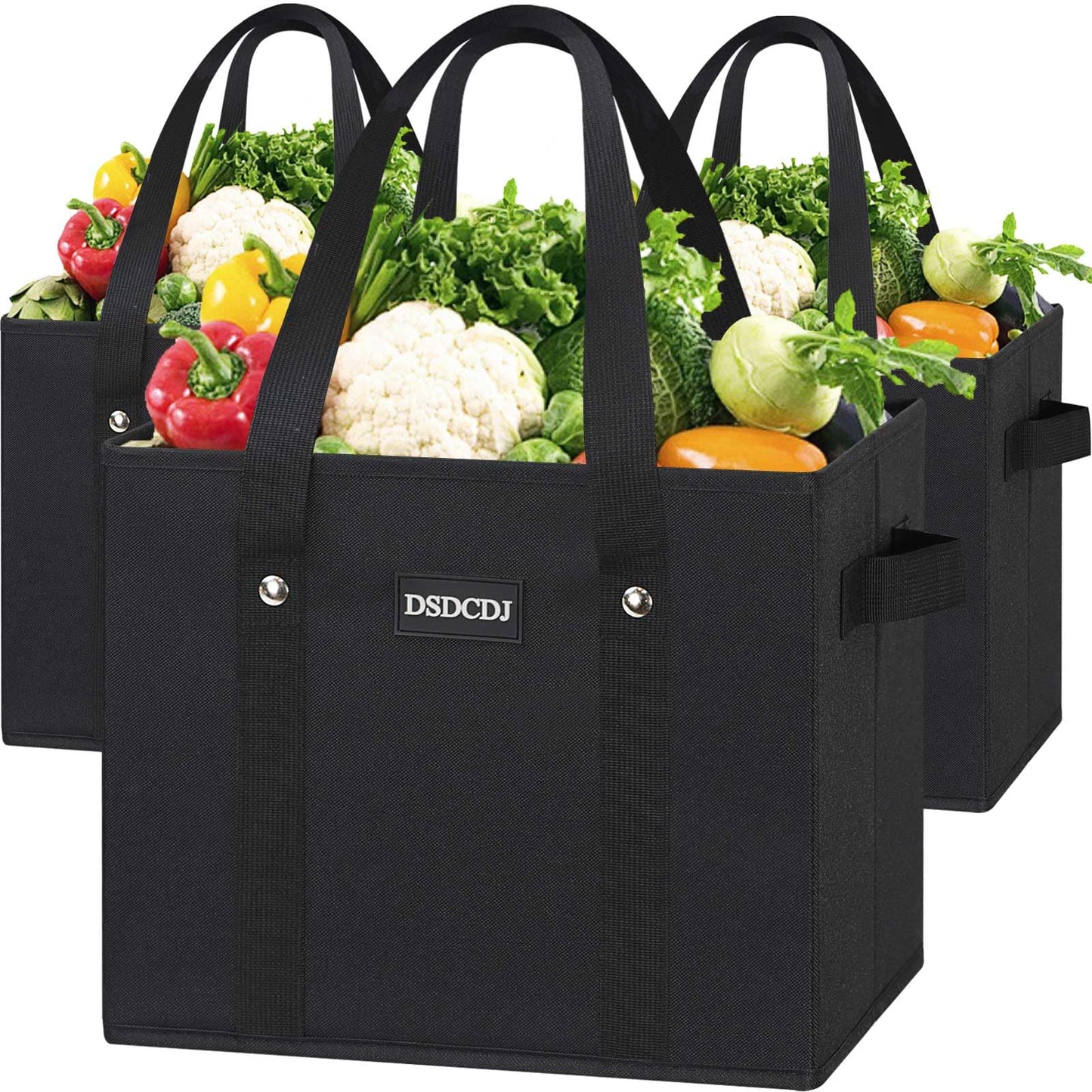 DSDCDJ Reusable Grocery Bags 3 Pack - Heavy Duty Reusable Shopping Bags with Hard Bottom & Long Handles, Stand Up Grocery Boxes Reusable Foldable, 13x10.23x11in, Black