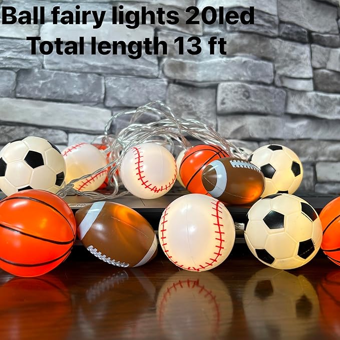 Sport Ball Theme Room Decor String Lights with 8 Mode,Battery Operated 14 ft 20 LED Mix Baseball Basketball Football Soccer Led Lights for Bedroom Christmas Themed Tree Party Decoration