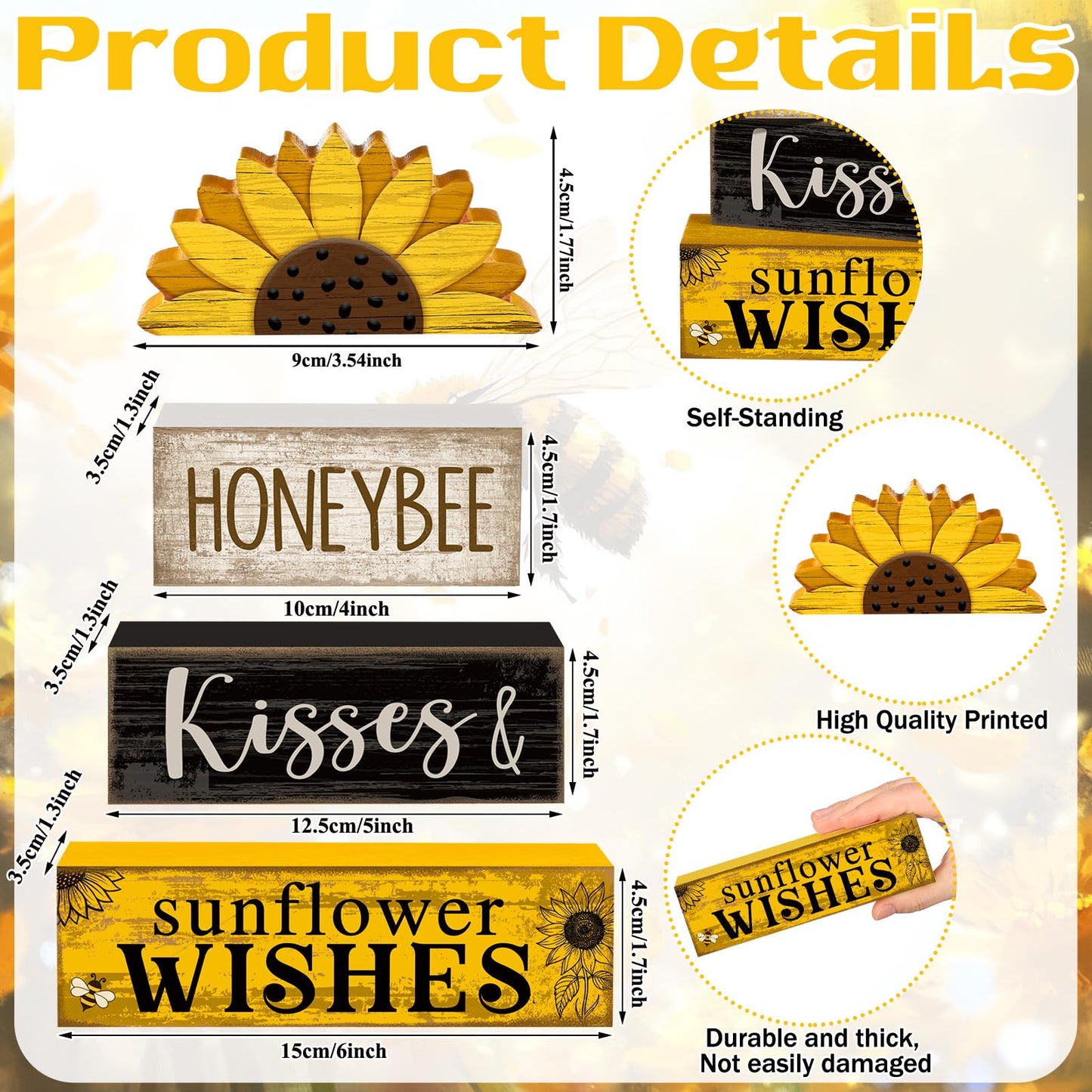 Lineshading 4 Pcs Summer Table Decor Wooden Sunflower Tiered Tray Decor Rustic Farmhouse Yellow Block Signs Gifts Summer Tabletop Centerpieces for Home Kitchen Coffee Bar Decorations