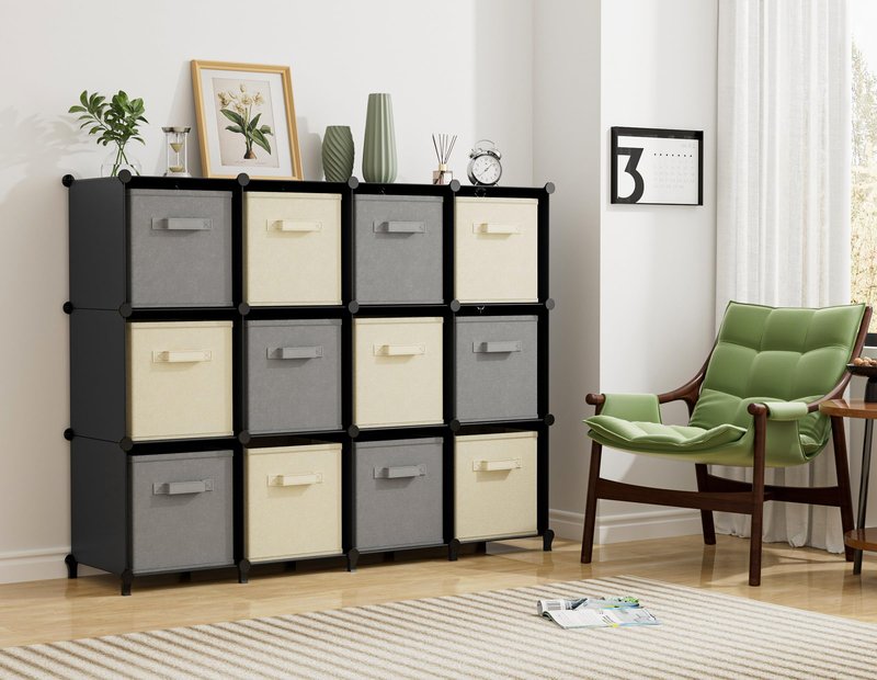 Closet Organizers and Storage, 12 Cube Storage Organizer, Portable Closet Organization Clothes Shelves for Kids, Closet, Bedroom, Bathroom, Office, Black