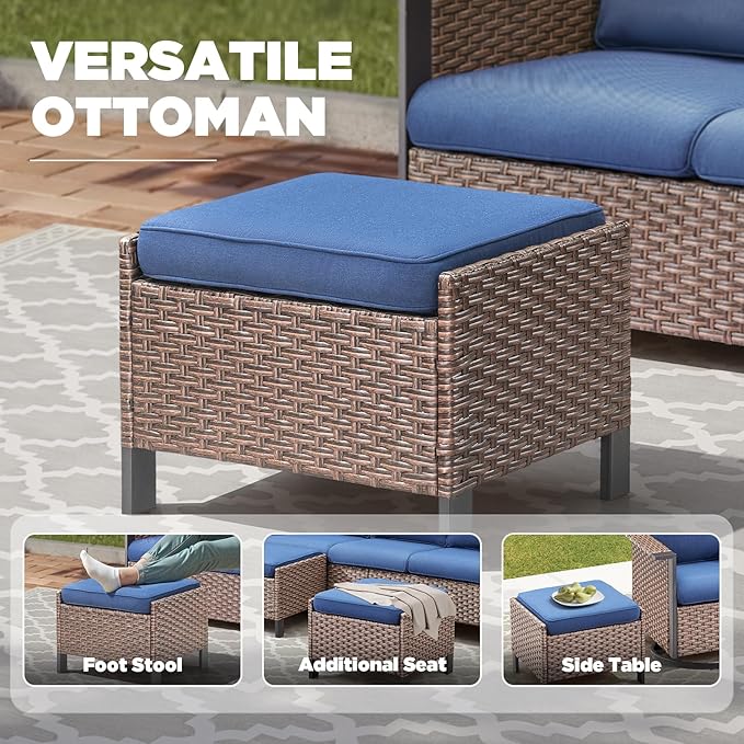 5 Pieces Outdoor Patio Furniture Set-High Back Wicker Patio Swivel Glider Chairs with 2 Multifunctional Ottoman and Glass Side Table, Outdoor Patio Conversation Sets for Porch Deck Brown/Blue