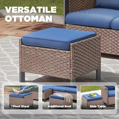 Outdoor Patio Furniture Set Swivel Chairs-7 Pieces All-Weather Wicker 3 Seater Sofa with 2 Ottomans Rattan Side Table, Wicker Sofa Outdoor Furniture for Porch Deck Backyard Brown/Blue