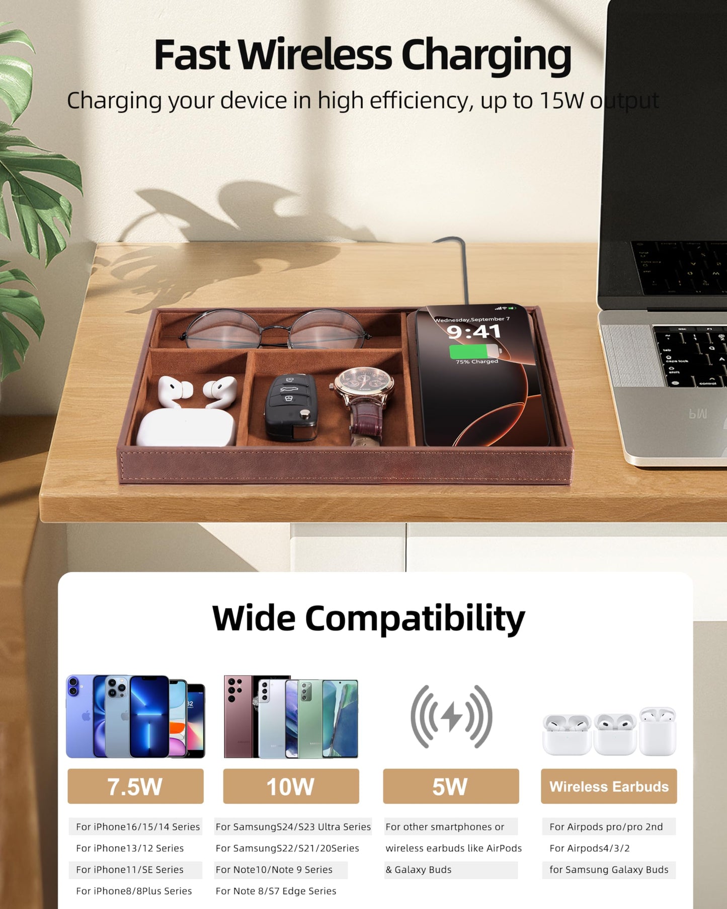 Investme Valet Tray with Wireless Charger, Nightstand Organizer for Men, EDC Catchall Tray for Keys, Watch, Wallet, Jewellery, Premium Vegan Leather, Bedside Caddy, Stylish and Organized, Brown