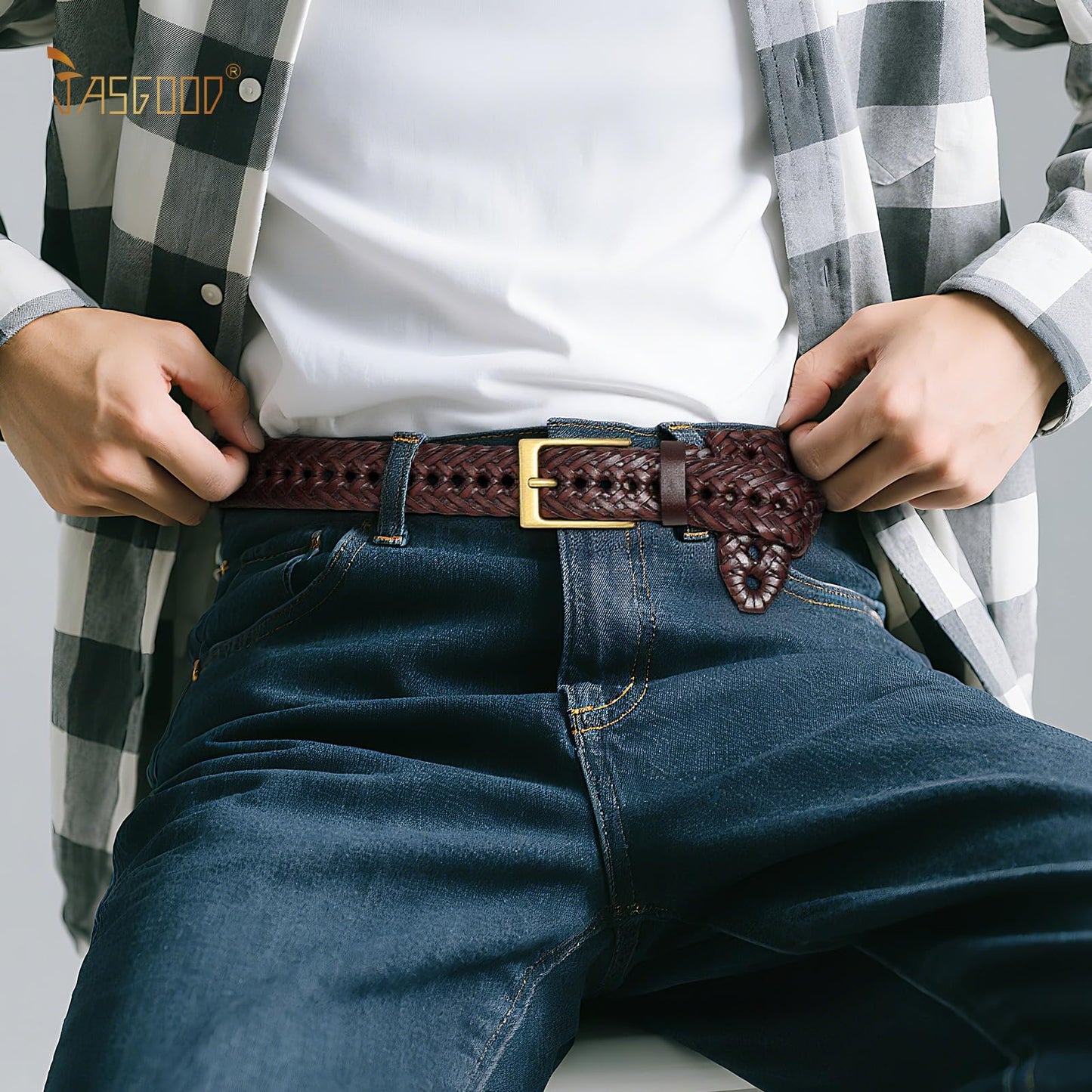 JASGOOD Men's Braided Leather Belt, Braided Woven Belt for Men Casual Jeans with Solid Strap Single Prong Buckle (B-Brown,Suit for Pant Size 32-37 inch)