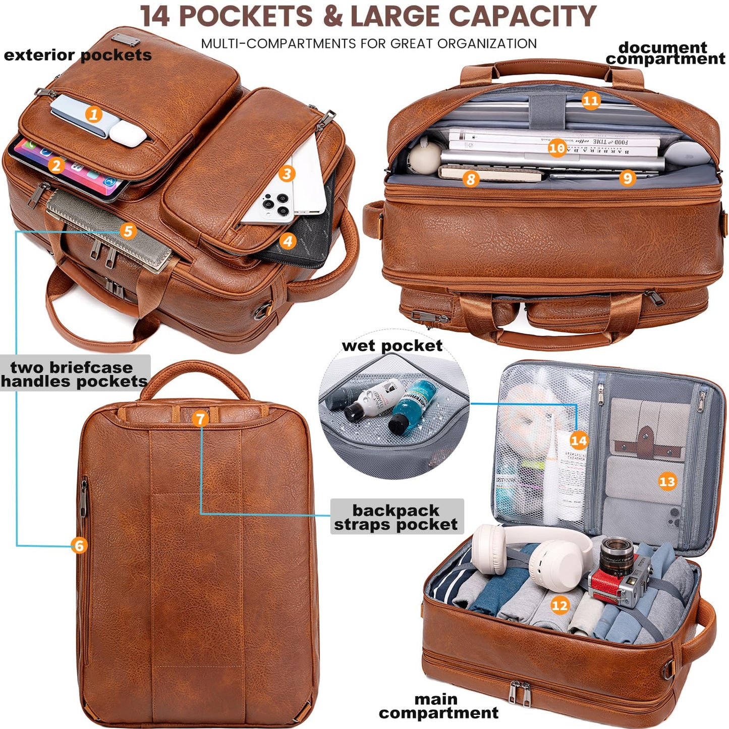 weiatas 3-in-1 Vegan Leather Convertible Laptop Bag for Men Women, 15.6 Inch Waterproof Expandable Backpack, Computer Briefcase, Shoulder Messenger Bag & Weekend Bag for Business Travel Work (Brown)