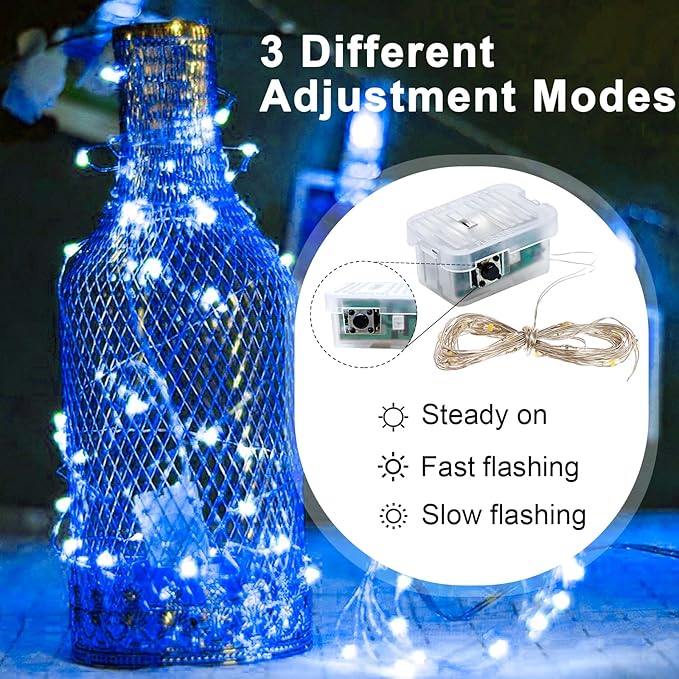 pozzolanas 24 Pack Blue Fairy Lights Battery Operated 3 Modes 7FT 20 LED Waterproof String Lights Twinkle Silver Wire for Mason Jars Wedding Christmas Halloween Party Decor (24, Blue)
