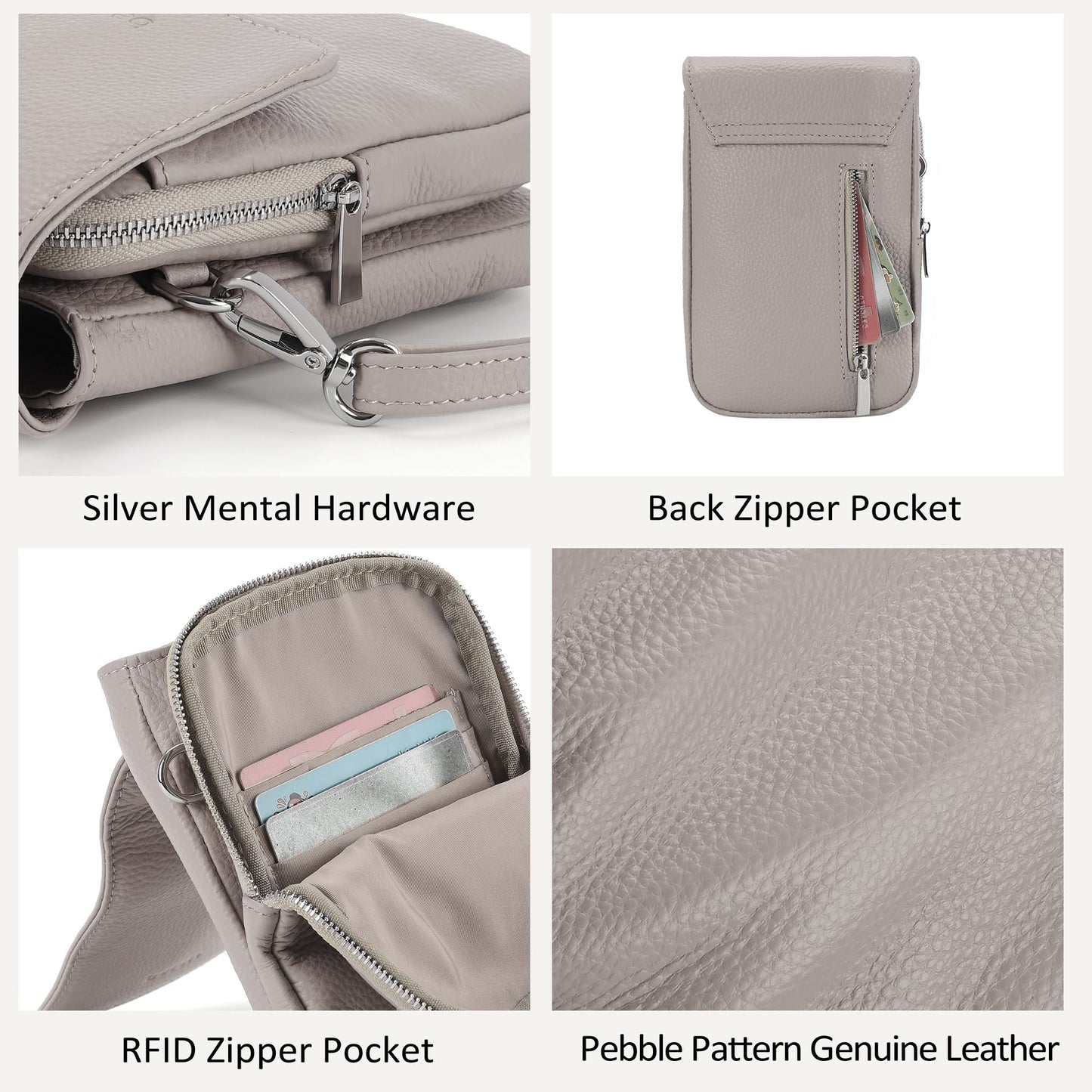befen Real Leather Small Cell Phone Crossbody Bags for Women, Women's Shoulder Purse Handbags with RFID Blocking Wallet Beige Grey