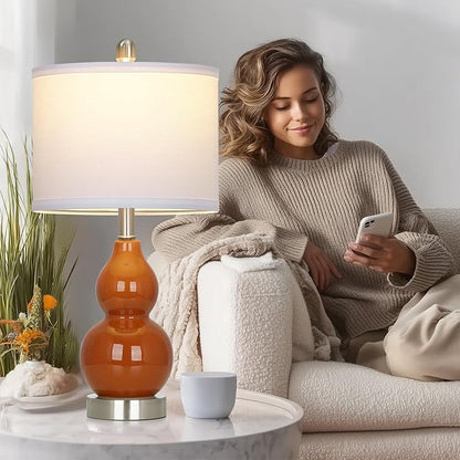 22" Modern Double Gourd Ceramic Table Lamps Set of 2, Red Bedside Lamps for Living Room, Contemporary Nightstand Desk Lamps for Bedroom End Table Home Office Decor(2 LED Bulbs Included)