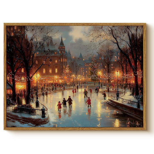 WHASAYART Vintage Christmas Wall Art 12x16 Framed Canvas Print, Holiday Bustling Town Center Winter Ice Skating Scene Christmas Tree City Lights Painting, Rustic Living Room Bedroom Seasonal Decor