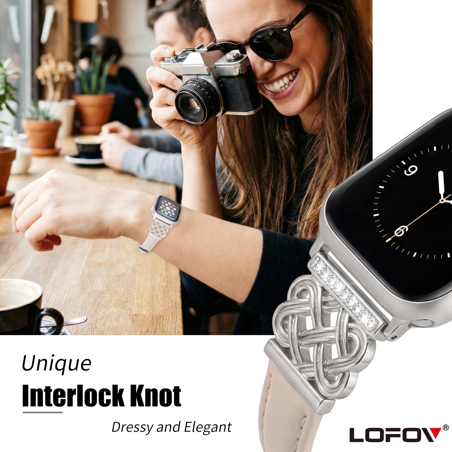LOFOV Compatible with Apple Watch Bands Women 38/40/41/42mm Dressy Slim Leather Strap with Designer Celtic Knot Interlock Buckle Bracelet for iWatch Series 11 10 9 8 7 6 5 4 SE 3 2 1 (Starlight)