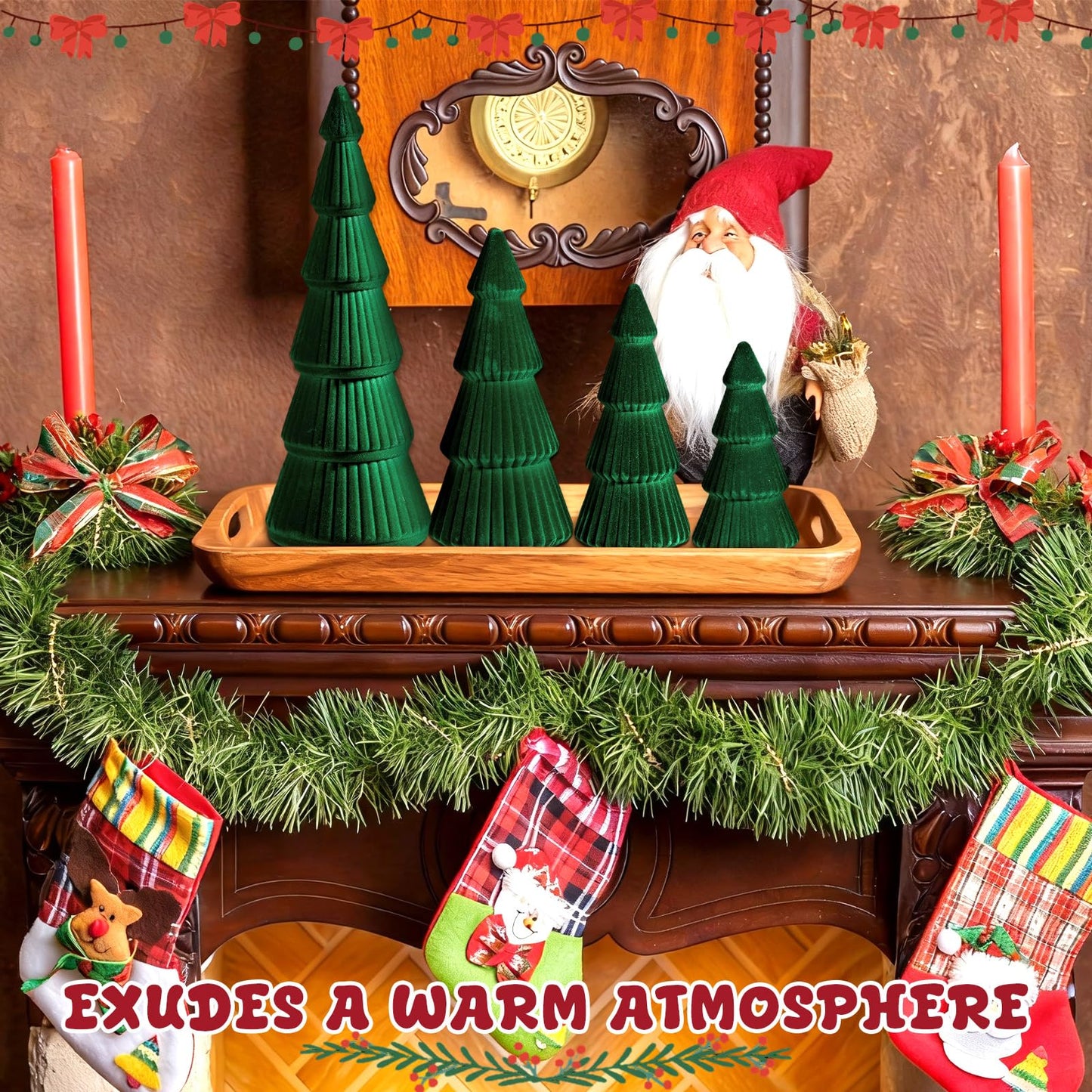 5 Pieces Christmas Velvet Trees Set Modern Christmas Decor 4 Szies Christmas Velvet Cone Trees Table Decoration Winter Decoration for Entryway Mantle Farmhouse(Green)