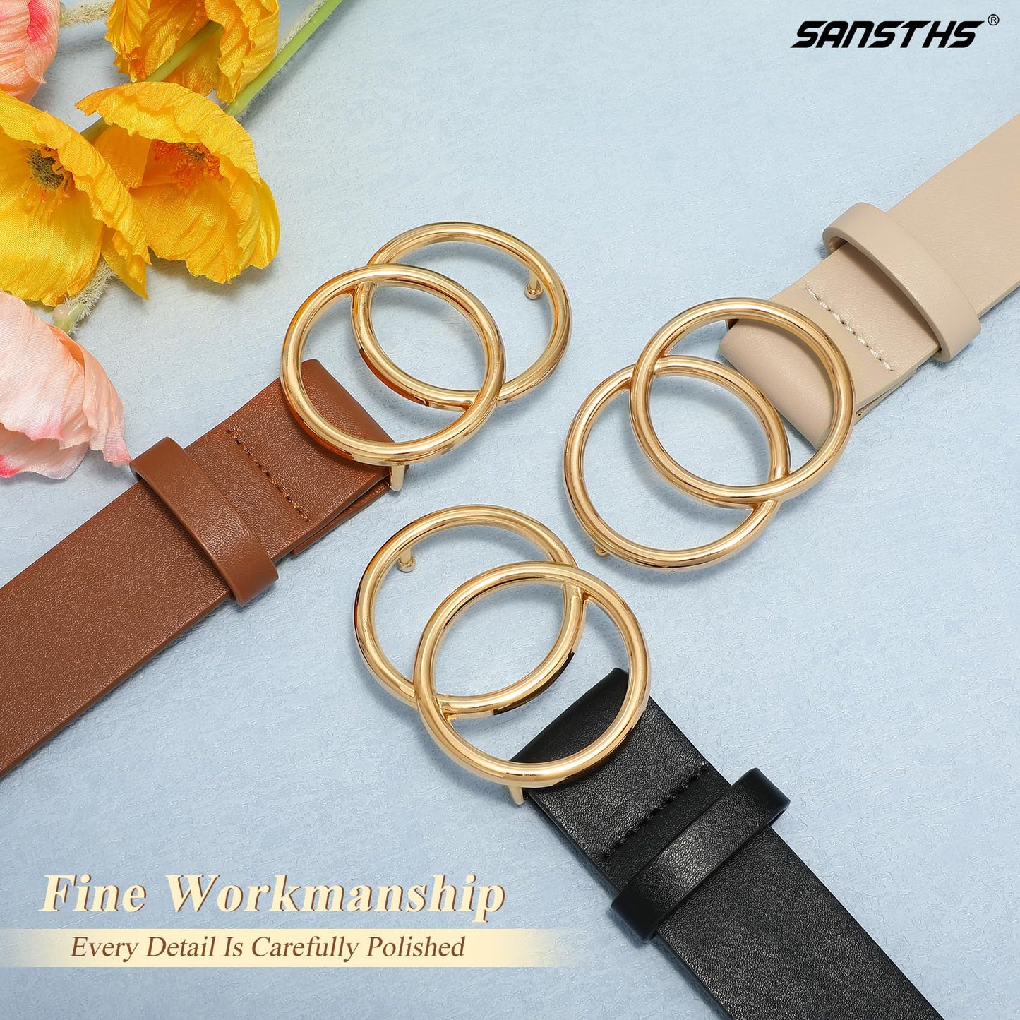 SANSTHS 3 Pack Women Waist Belts for Jeans Pants Dresses, Ladies Belt with Double O-Ring Gold Buckle, Black+Brown+Beige M