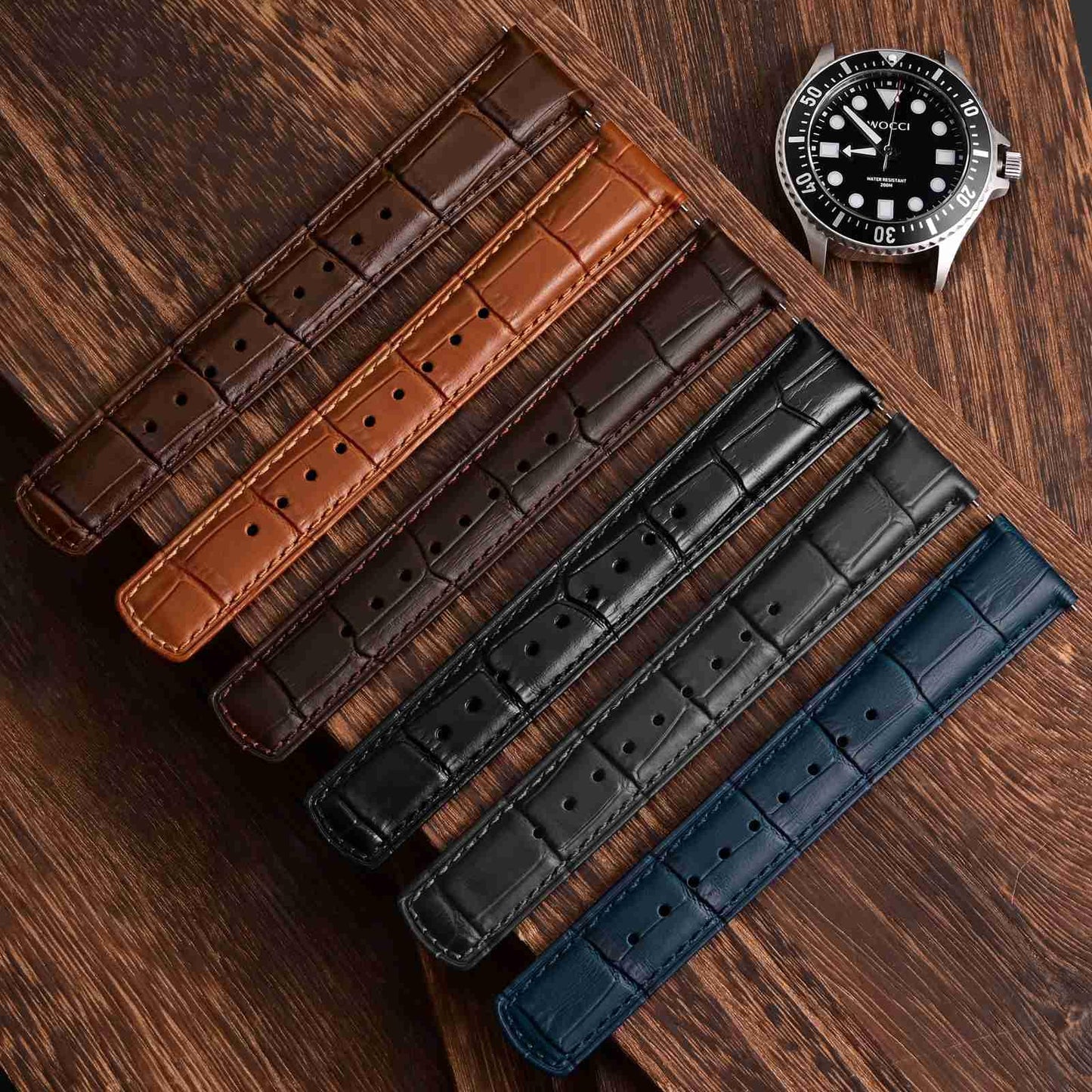 WOCCI 22mm Watch Band, Top Grain Leather, Embossed Alligator Grain, Quick Release, Black Buckle (Dark Grey)