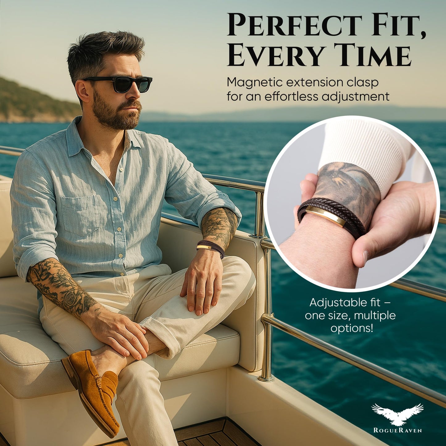 RogueRaven Black Leather Bracelet for Men – Premium Collection – Brown Black Gold Silver | Genuine Leather Mens Bracelet with Stainless Steel Clasp [Adjustable] | In Luxury Gift Box