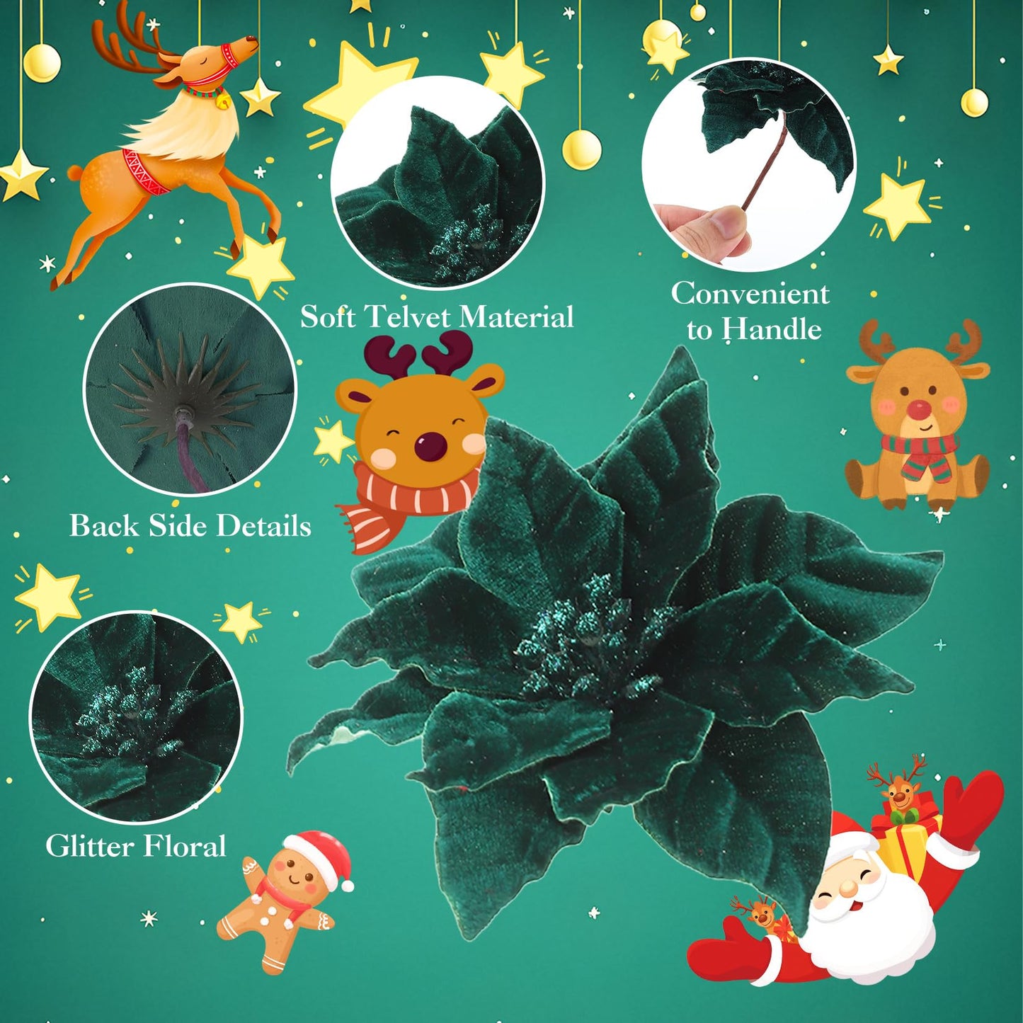 Garvee 24 Pcs Poinsettia Flowers Artificial, 6.3 in Large Velvet Christmas Flowers with Stems, Floral Picks for Christmas Tree Wreath Garland Ornaments Wedding Decor, Dark Green