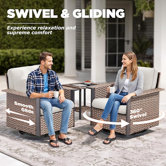 5 Pieces Outdoor Patio Furniture Set-High Back Wicker Patio Swivel Glider Chairs with 2 Multifunctional Ottoman and Glass Side Table, Outdoor Patio Conversation Sets for Porch Deck Brown/Beige