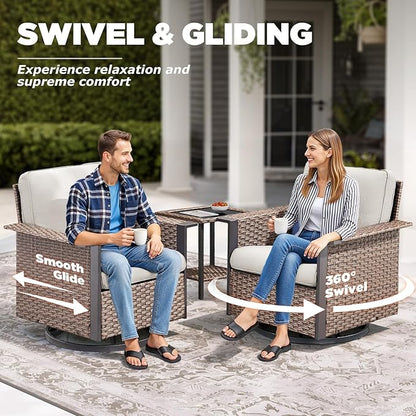 5 Pieces Outdoor Patio Furniture Set-High Back Wicker Patio Swivel Glider Chairs with 2 Multifunctional Ottoman and Glass Side Table, Outdoor Patio Conversation Sets for Porch Deck Brown/Beige