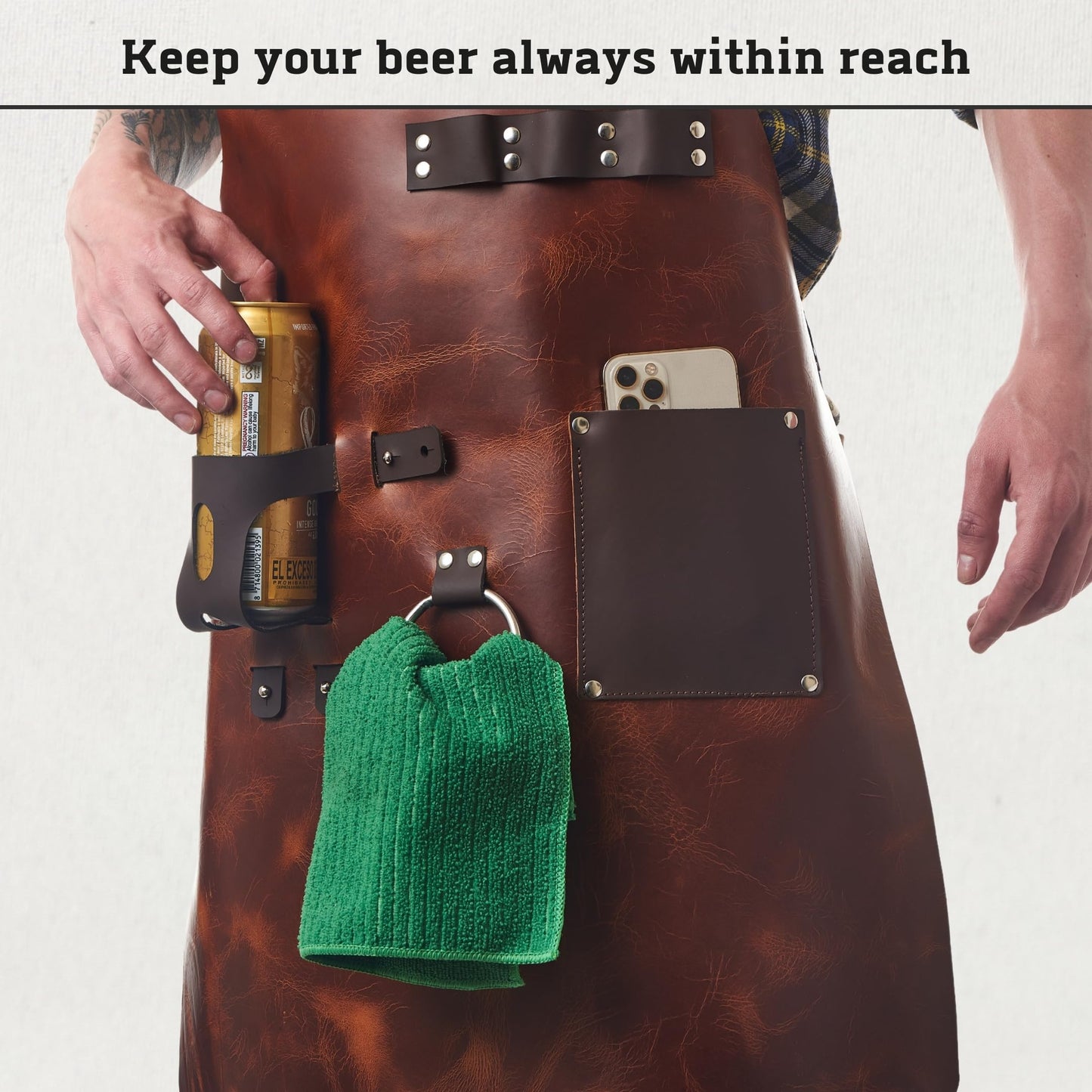 Leather G, Grill Apron with Beer Holder and Hand Towel, BBQ Pitmaster Apron – Heavy Duty, Made of Genuine Leather – Storage Pockets and Adjustable Straps for Grilling, Cooking (Brown Leather)