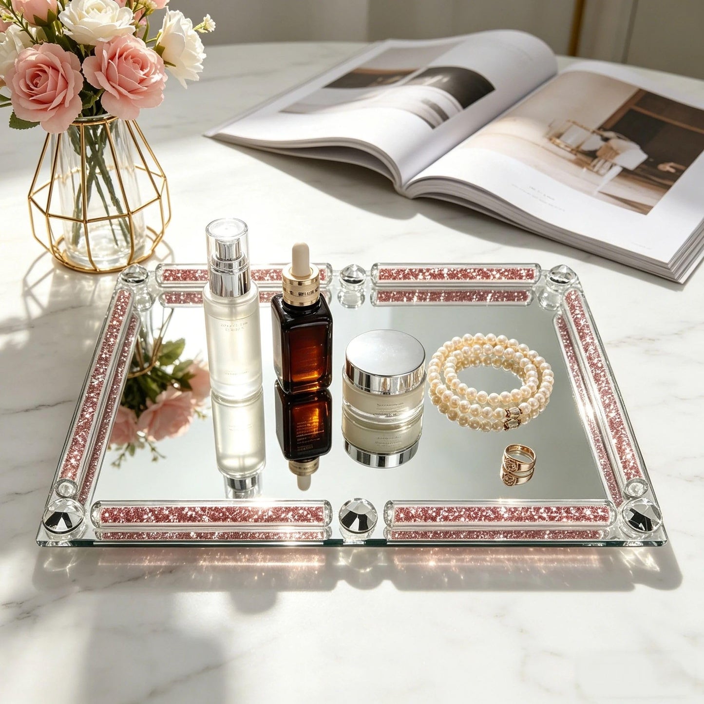 HMRCYTE Crystal Perfume Tray, 11.8" x 7.9" Mirror Glass Vanity Tray for Dresser, Cosmetic Jewelry Trinket Tray, Crushed Diamond Home Decor, Decorative Tray for Vanity Christmas Party Gift