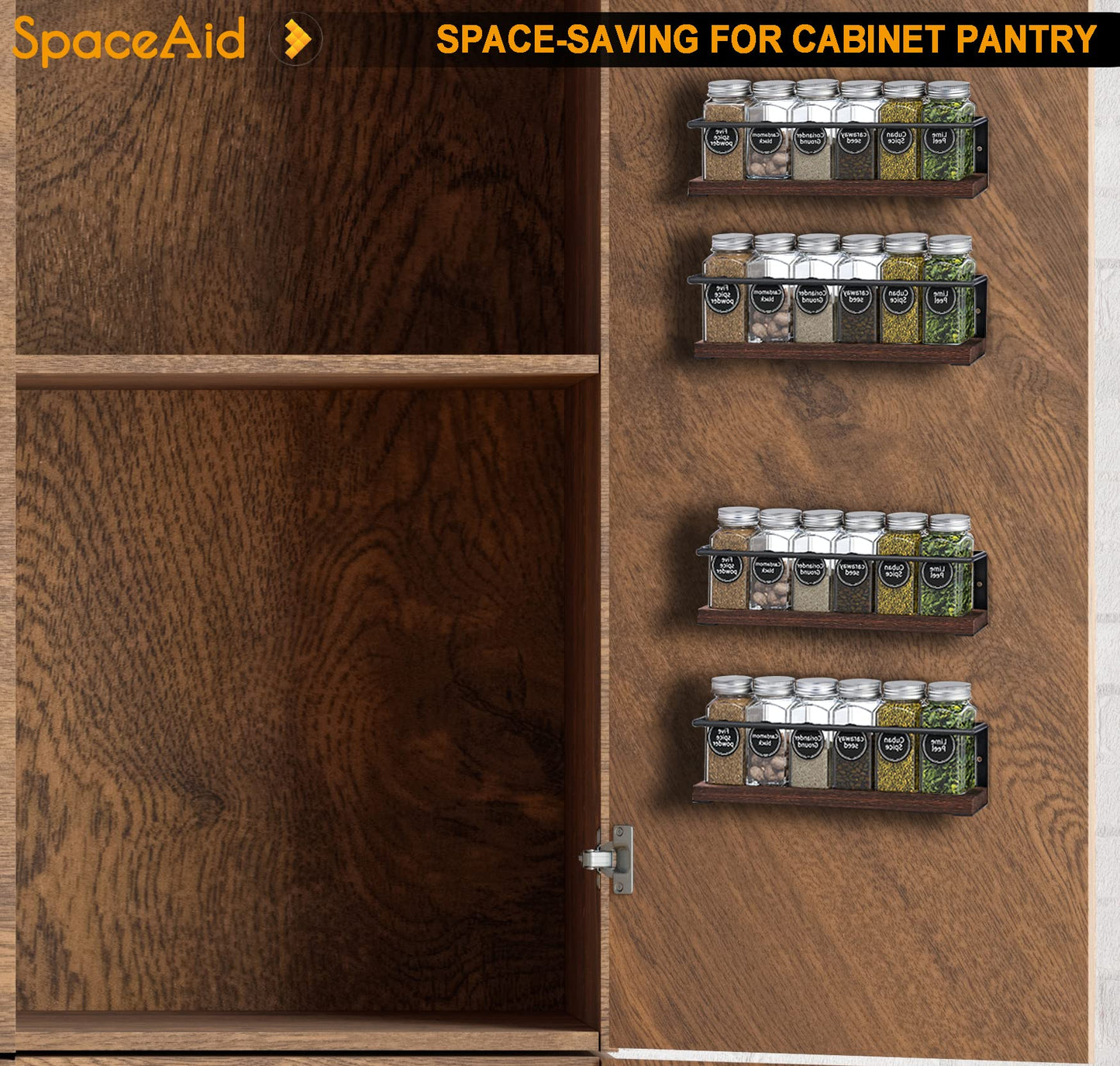 SpaceAid Spice Rack Organizer for Cabinet Door or Wall Mount (4 Pack) with 415 Spice Labels - Wood Hanging Seasoning Shelf for Cupboard Pantry or over the Stove