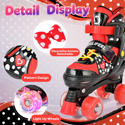 SULIFEEL Adjustable Roller Skates for Girls Ages 5-8 6-12 with Polka Dots & Bow, Light Up Wheels, 4 Sizes Adjustable for Beginner Kids Skates Indoor Outdoor Sports