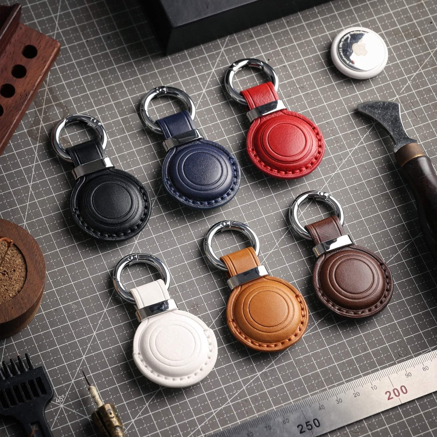 Jayanes Genuine Leather AirTag Keychain Holder - Compatible with Apple AirTag Holder Keychain, Secure Hidden Air Tag Case Cover Key Chain Ring Fob Accessories (Dark Brown)