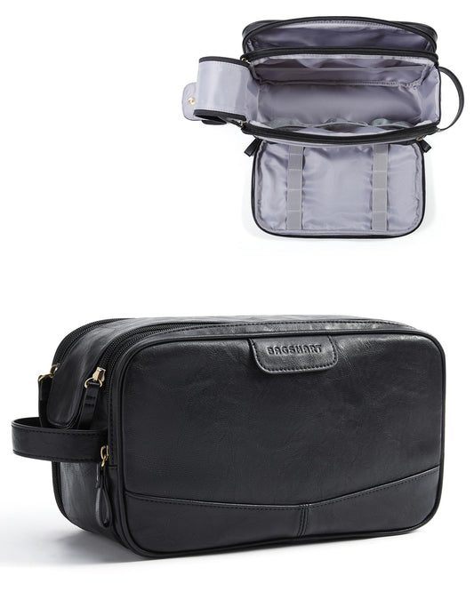 BAGSMART Large Toiletry Bag for Men, High-gloss PU Leather Travel Bag for Toiletries, Dopp Kit Water Resistant Shaving Bag for Bathroom Shower-Black