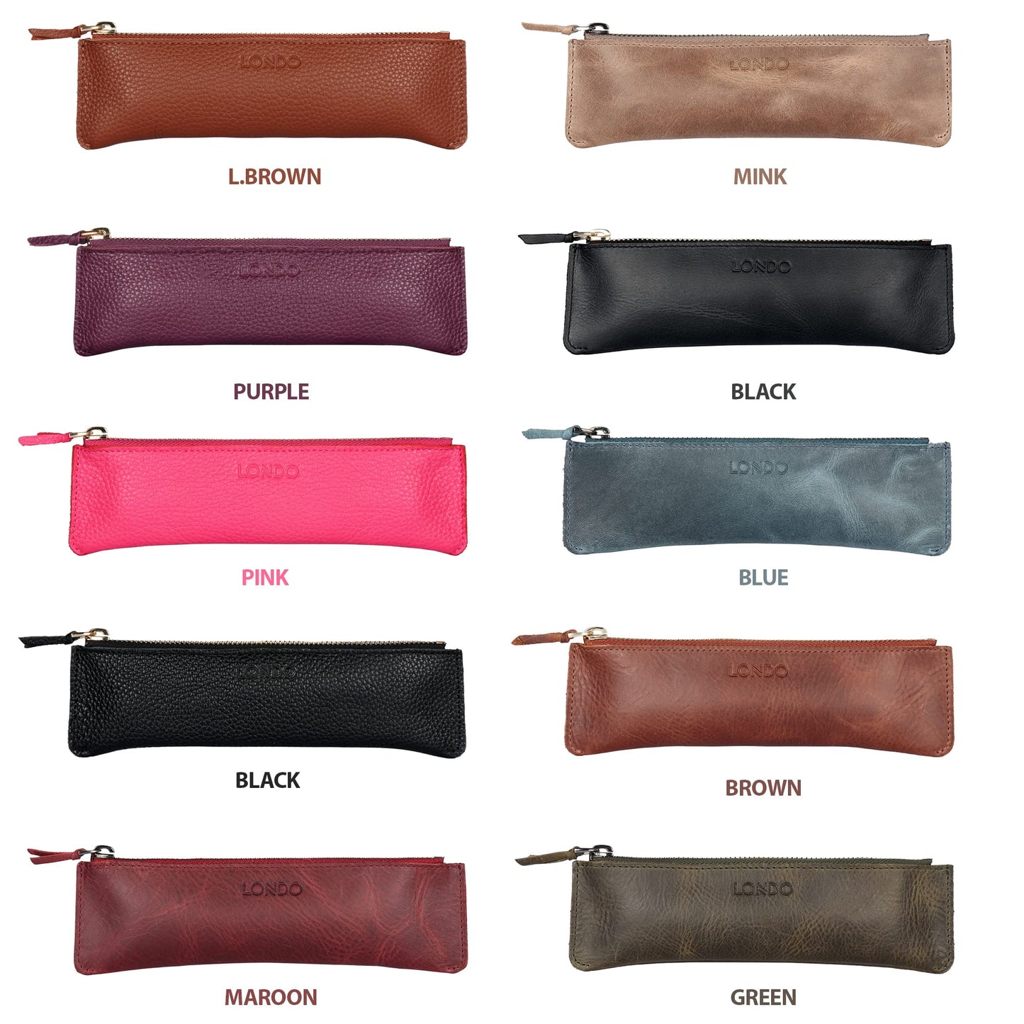 Londo Zippered Genuine Cowhide Leather Pen & Pencil Case — Slim Fountain Pen Holder, Pencil Pouch, Stationery Organizer, Makeup Brush Case, Travel Pouch — Gift for Writers, Students, Teachers, Black