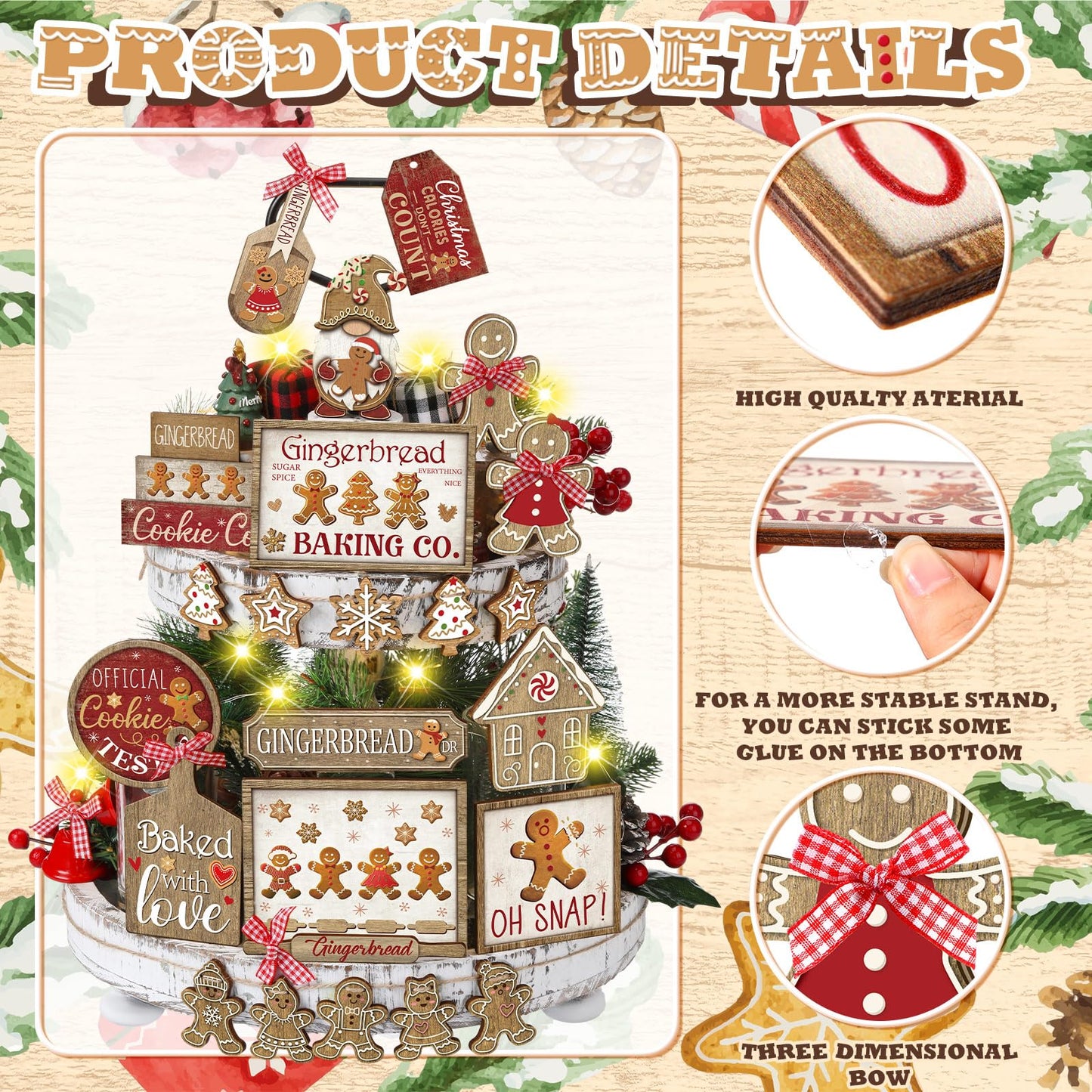 Shellwei 24 Pcs Christmas Tiered Tray Decor Set Wood Rustic Gingerbread Christmas Decoration Winter Farmhouse Decor Xmas Trees Gnome Elk Snowflake Signs for Table Shelf Home Centerpiece (Cute)