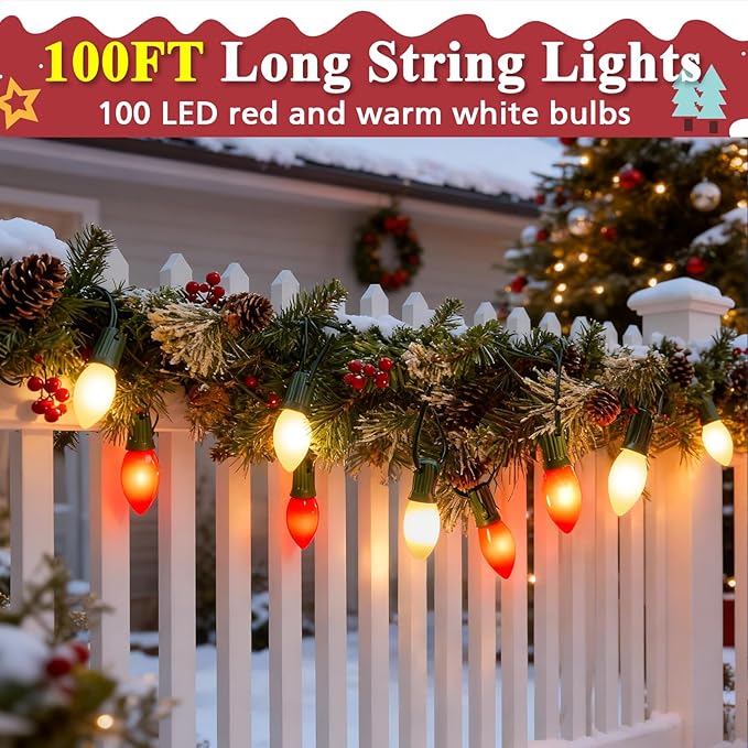 C9 Christmas Lights Outdoor, 100FT 100LED string Lights Waterproof Shatterproof, Extendable C9 Xmas Lights, Indoor Outdoor Christmas String Light for House Roof Patio Garden Party(Red & Warm White)