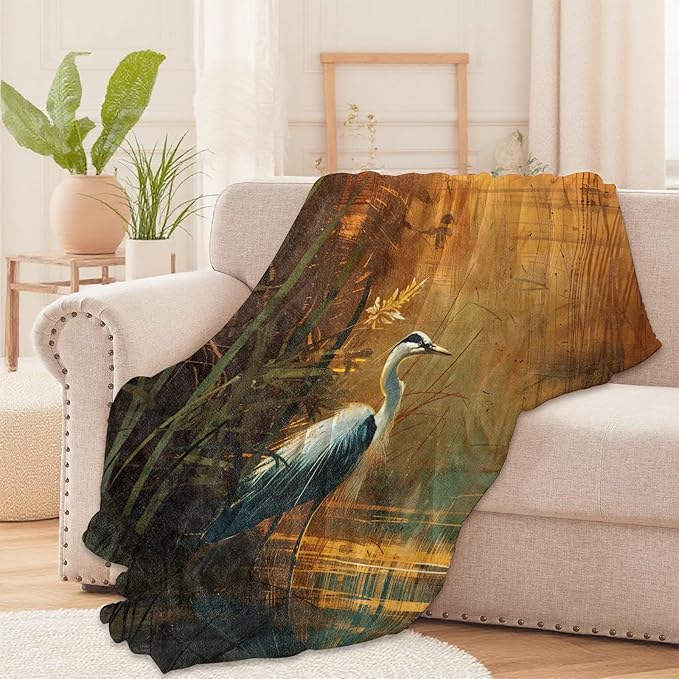 Blue Heron in Sunset Wetlands Throw Blanket for Boys Girls Kids Adults Women, Fuzzy Warm Soft Cozy Flannel Blankets Gifts for Bedroom, Couch, Travel, Home Decor 60x80 in