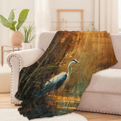 Rustic Heron Lake Throw Blanket – Nature Bird Design, Cozy Warm Flannel Blankets, All Season Use, Girls Women and Nature Lovers Gifts, 50x60in, Sofa Office Dorm Travel RV Decoration