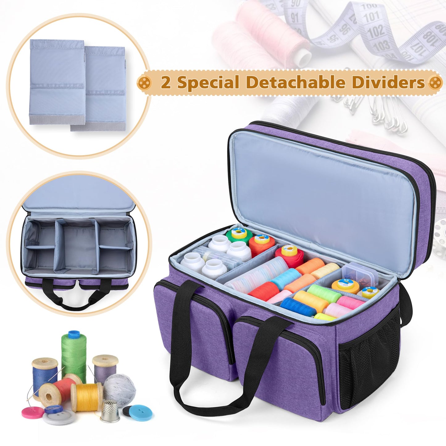 BAFASO Large Sewing Organizer Bag with an Individual Pouch and Detachable Dividers, 2 Layers Sewing Storage Bag for Sewing Supplies(Bag Only), Purple