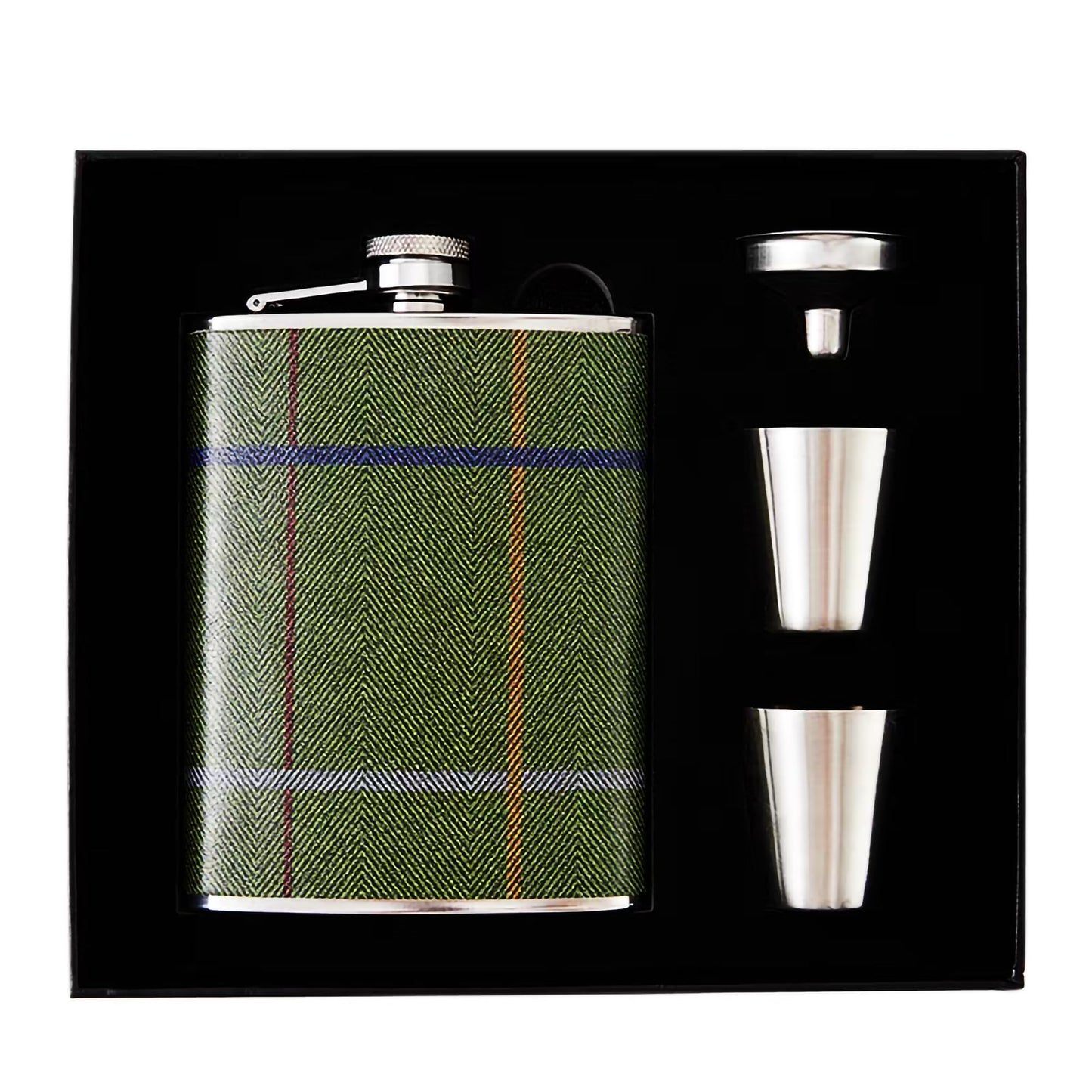 Luxury 8 Ounce Stainless Steel Hip Flask Gift Set with 2 Shot Glasses and Funnel Leather-Printed Cover (Denim Fabric Pattern)