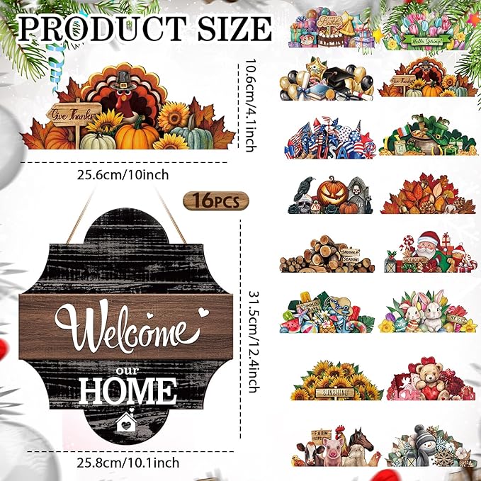 Yousoontic 17 Pcs 12 Inch Magnetic Welcome Door Sign Interchangeable Front Door Decor Rustic Fall Seasonal Hanging Sign Halloween Christmas Decor for Home Warming Gift