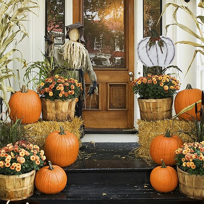 Metal Pumpkin Stakes Yard Signs Fall Decor Decorative Garden Stake Lawn Pumpkins Ornaments Outdoor Autumn Decoration for Harvest Halloween Thanksgiving (17.5" H White)