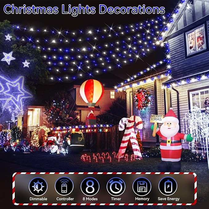 Hezbjiti 2 Pack 1000 LED 403 FT Christmas String Lights Outdoor, 8 Lighting Modes IP44 Waterproof Fairy Lights with Timer and Dimmable Function for Party Tree Decorations (Blue+White, Clear Wire)