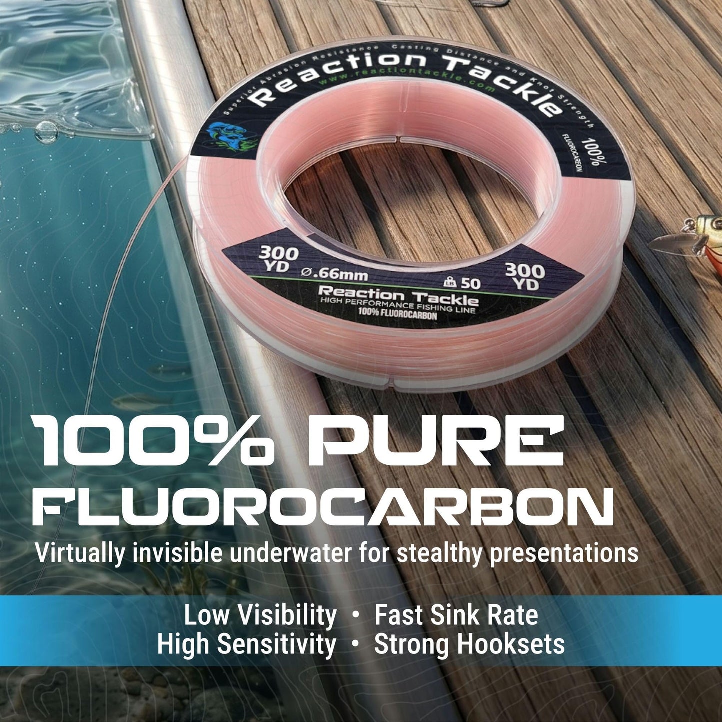 Reaction Tackle 100% Pure Fluorocarbon Fishing Line - High Strength, Abrasion-Resistant, Fast-Sinking, Virtually Invisible - Saltwater and Freshwater Leader Line - Clear - 30LB 300 Yards