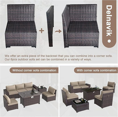Kurapika 7 Pieces Patio Furniture Set, Rattan Outdoor Conversation Sets w/43in Propane Fire Pit Table and 4 Inch Cushion(Sand)