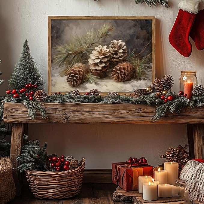 Framed Vintage Christmas Canvas Wall Art, Pine Cones Wall Decor Paintings, Winter Holiday Aesthetic Pictures Prints Rustic Home Decor for Living Room Bedroom Farmhouse 16×24 inch