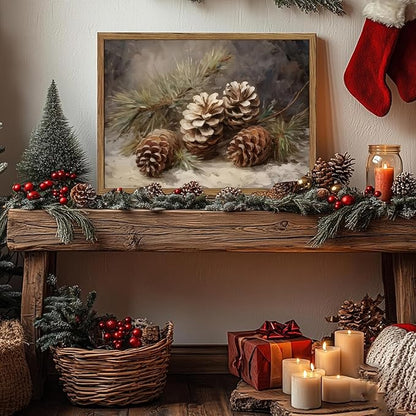 Framed Vintage Christmas Canvas Wall Art, Pine Cones Wall Decor Paintings, Winter Holiday Aesthetic Pictures Prints Rustic Home Decor for Living Room Bedroom Farmhouse 16×24 inch