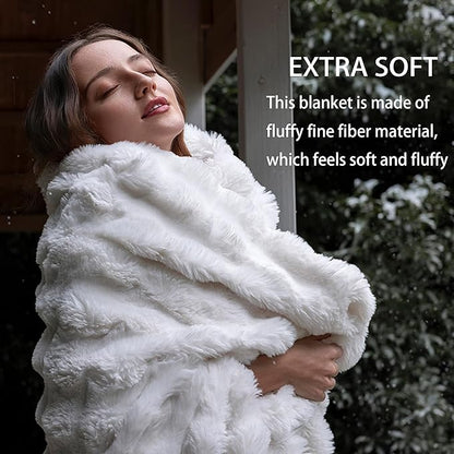 Luxury Faux Fur Throw Blanket 3D Bubble for Couch - Fluffy Blanket Double-Sided Non-Shedding, 50x60 Inches, Fits Bed/Car/Camping/Patio, Gift for Women,Room Decor,White