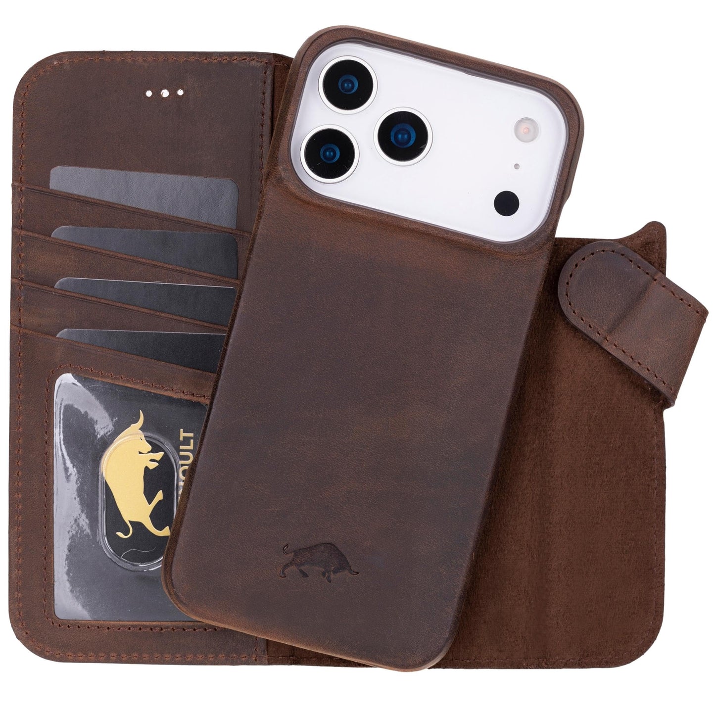 VENOULT Leather Wallet Case for iPhone 17 Pro Max, Full Grain Genuine Leather, Magnetic Detachable, 4 Card Holder, Buesiness Style, Compatible with MagSafe, RFID, Handmade (Vintage Brown)