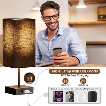Sailstar Bedside Table Lamps Set of 2, Touch Bedroom Lamp with USB C+A Charging Ports, 3 Way Dimmable Lamps for Night Stands, Small Table Lamp for Bedroom Decor, LED Bulbs Included, Upgraded Black