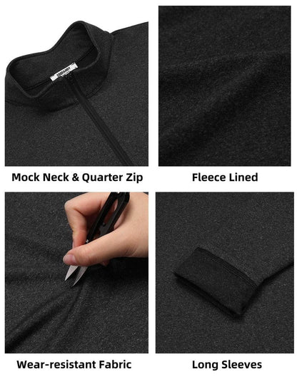 COOFANDY Men's Quarter Zip Pullover Mock Neck Long Sleeve Golf Shirts Performance Athletic Casual Workout Black