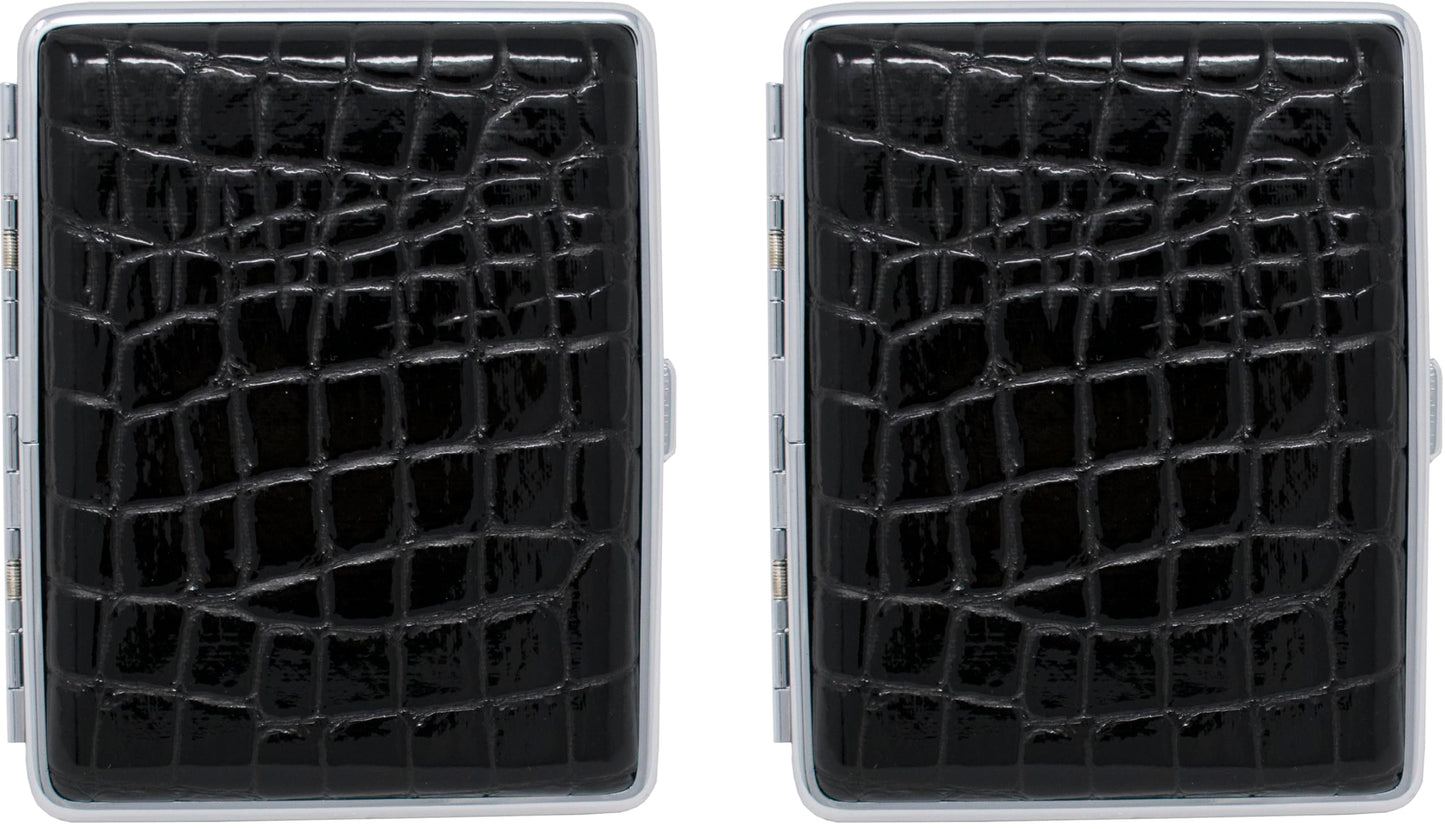 Set of 2 Metal-Plated 100s Leather Cigarette Case & Stash Box (Crocodile Black)