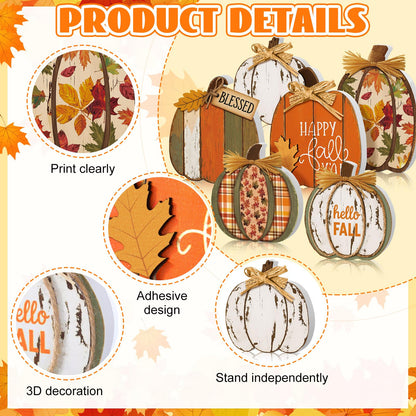 Leinuosen 6 Pcs Fall Pumpkin Decor Wooden Block Sign Fall Tiered Tray Decor for Home Autumn Table Centerpieces Decorations for Thanksgiving Harvest Table Mantel(6 Pcs,Pumpkin)